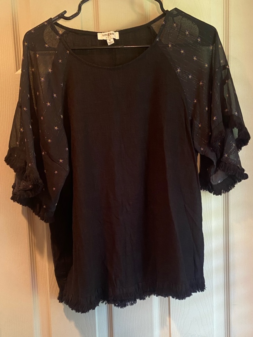 Umgee Black Blouse with Sheer Star-Print Sleeves